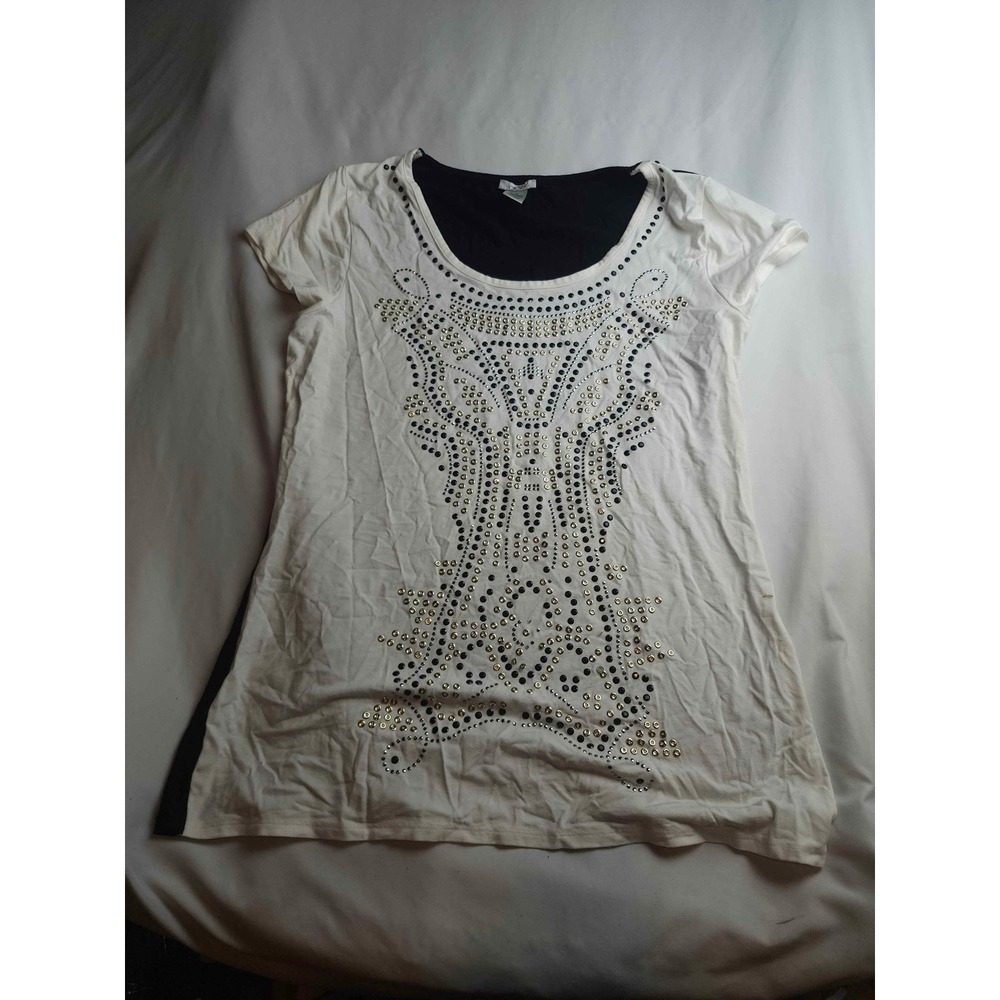 Cache Womens XL White Grommet Rhinestone Embellished Short Sleeve Top Tunic